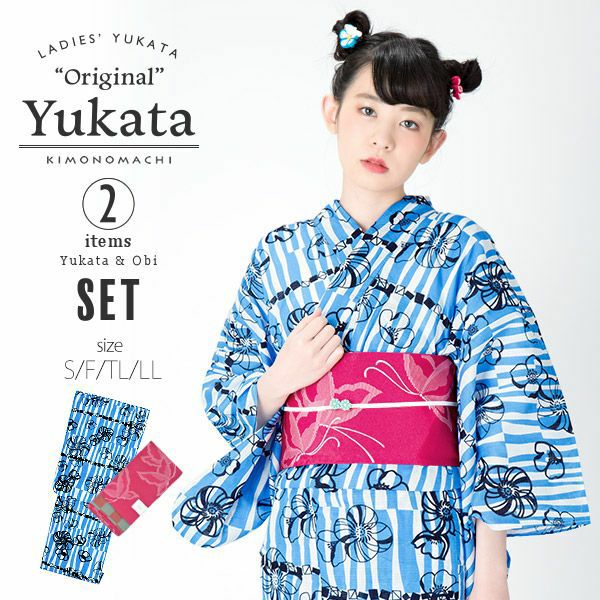 KIMONOMACHI浴衣セット「ブルー レトロフラワー」S、F、TL、LL 綿浴衣 お仕立て上がり浴衣 京都きもの町オリジナル
