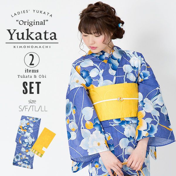KIMONOMACHI浴衣セット「ラベンダーブルー 花の丸」S、F、TL、LL 綿浴衣 お仕立て上がり浴衣 京都きもの町オリジナル
