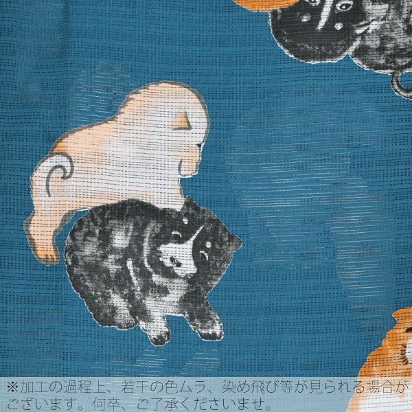 岡重　子犬柄の綿絽浴衣　青 岡重浴衣4点セット「青色 犬」綿段絽 三分紐、帯留めの帯飾り