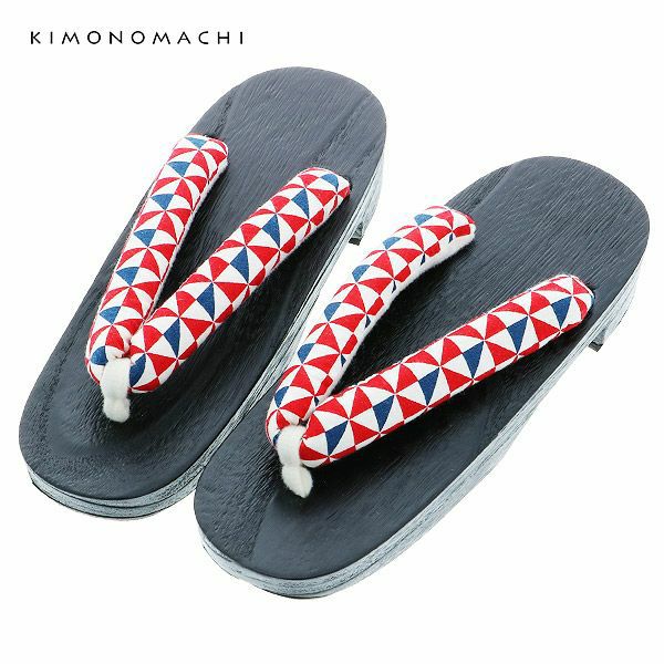 女性下駄単品「赤×紺　幾何学」フリーサイズ（Lサイズ）、LLサイズ 桐下駄 夏の浴衣、甚平に レディース 浴衣下駄