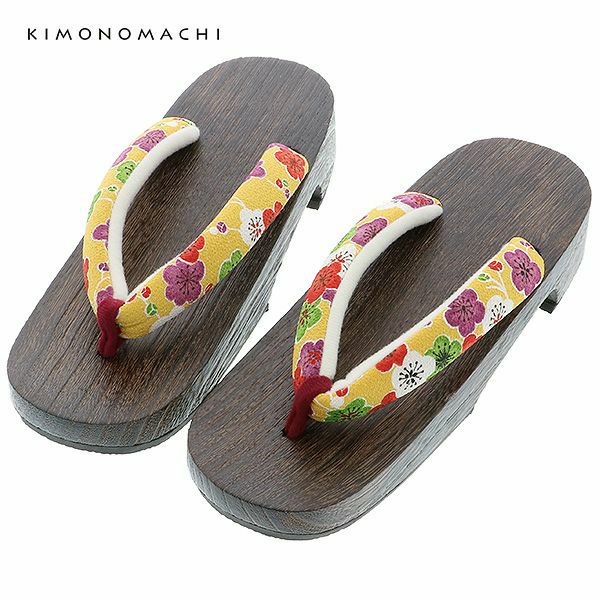 女性下駄単品「紅梅花　黄色」フリーサイズ（Lサイズ）、LLサイズ 桐下駄 夏の浴衣、甚平に レディース 浴衣下駄