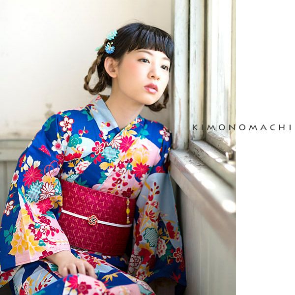 KIMONOMACHI浴衣単品「青色　夢古典」F、TL、LL 綿浴衣 京都きもの町オリジナル  女性浴衣
