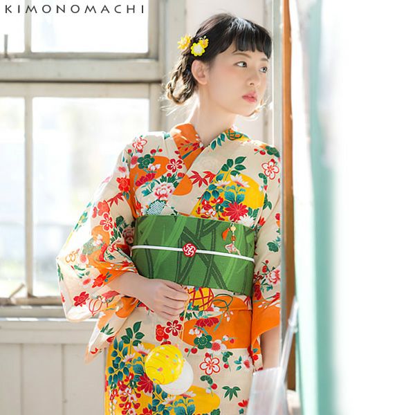 KIMONOMACHI浴衣単品「オレンジ色　夢古典」TL、LL 綿浴衣 京都きもの町オリジナル  女性浴衣