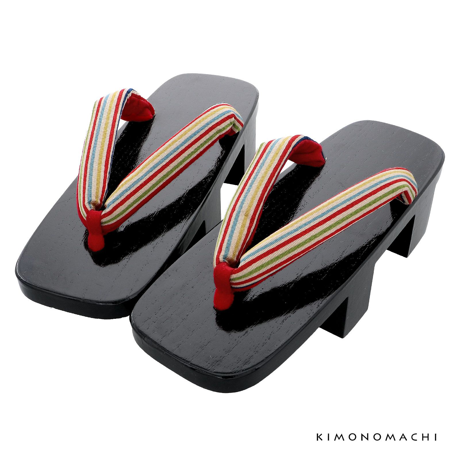 二枚歯下駄単品「赤、青、黄、緑の縞の鼻緒、黒塗台」芳町 女性下駄 日本製 レディース 桐下駄