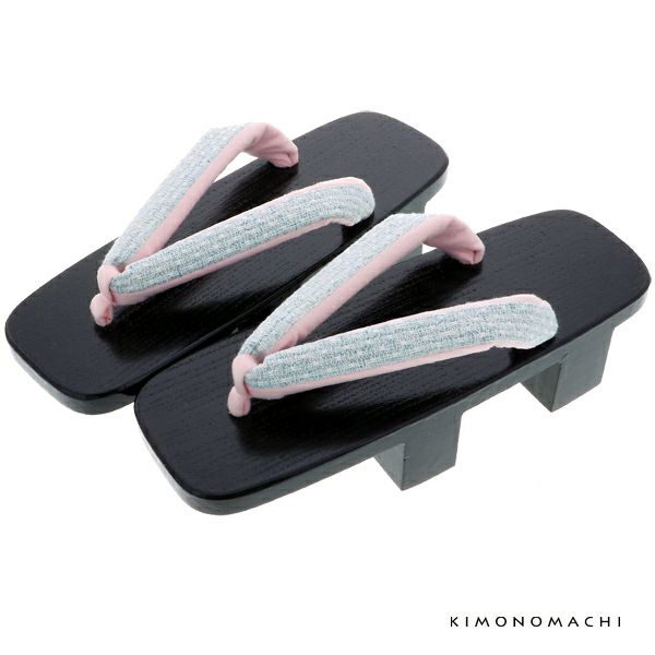 二枚歯下駄単品「ブルー×ピンクの鼻緒、黒塗台」芳町 女性下駄 日本製 レディース 桐下駄