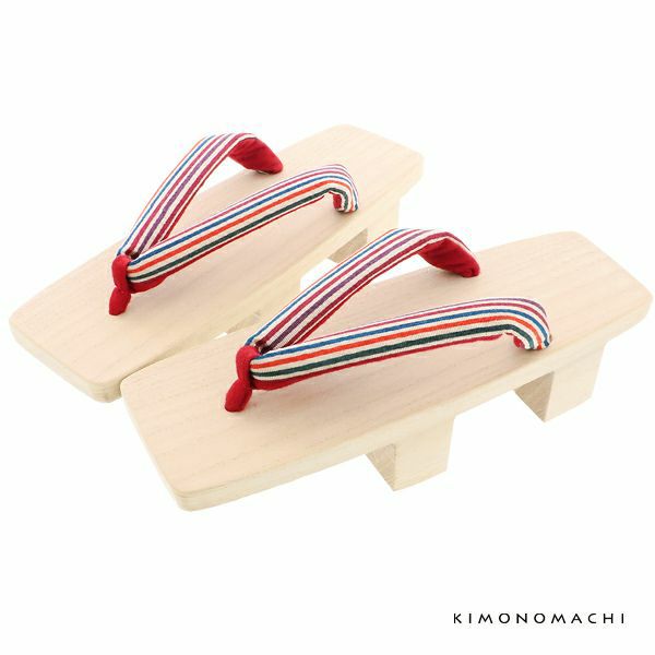 二枚歯下駄単品「赤紫、オレンジ、青の縞の鼻緒、白木台」三味 女性下駄 日本製 レディース 桐下駄
