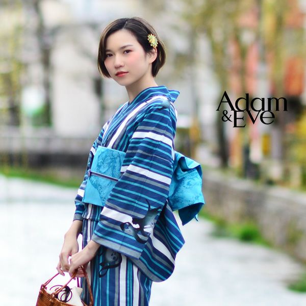 Adam＆Eve浴衣セット「紺藍色 縞に猫と音符」ブランド浴衣セット