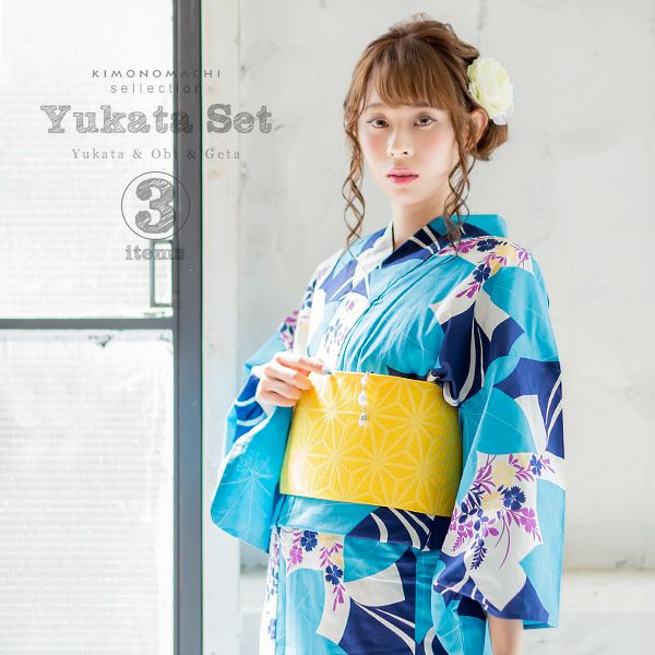 女性浴衣セット「紺×水色　流水に楓」浴衣3点セット レディース 下駄サイズ、フリー、LL  女性浴衣セット