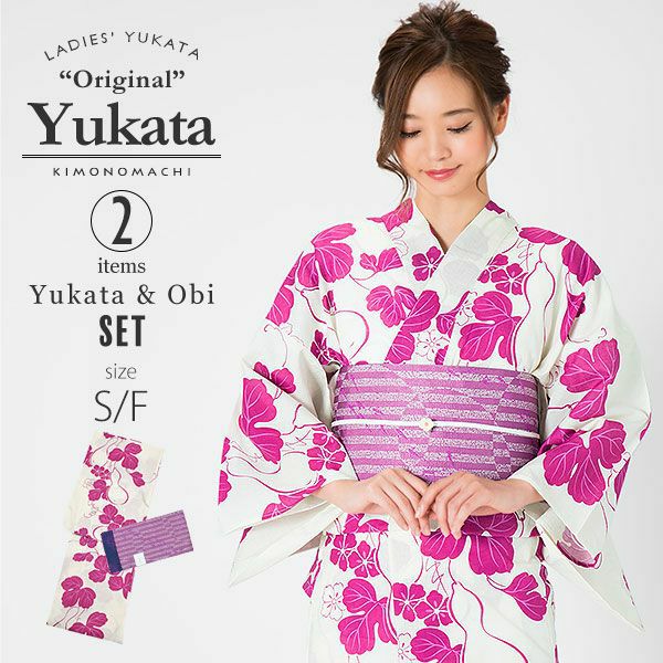 KIMONOMACHI浴衣セット「ラズベリーレッド　瓢箪」S,F（フリー） 綿浴衣 お仕立て上がり浴衣 京都きもの町オリジナル 