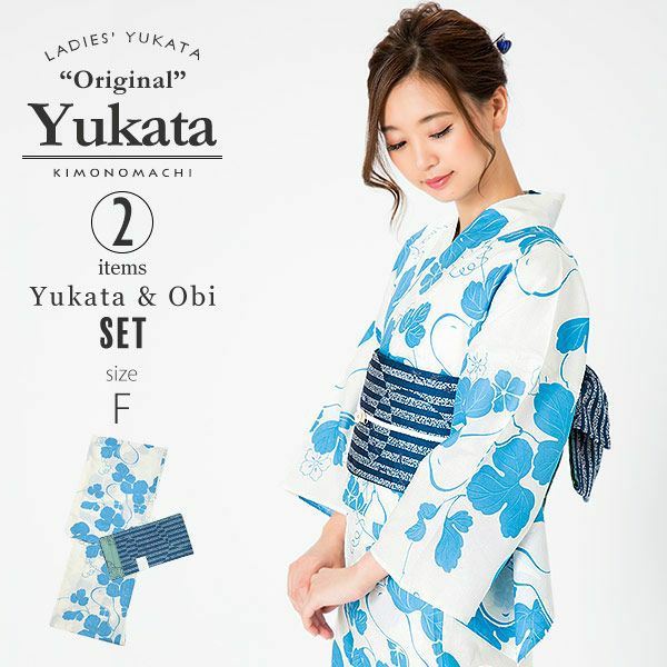 KIMONOMACHI浴衣セット「ブルー　瓢箪」F（フリー） 綿浴衣 お仕立て上がり浴衣 浴衣、浴衣帯の2点セット 京都きもの町オリジナル