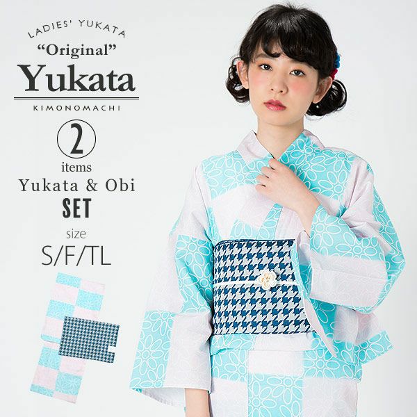 KIMONOMACHI浴衣セット「ピンク×水色　スクエアに花」S,F（フリー）,TL 綿浴衣 お仕立て上がり浴衣 京都きもの町オリジナル 