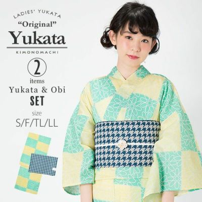 【Prices down】KIMONOMACHI浴衣セット「グリーン×イエロー　スクエアに花」S,F（フリー）,TL,LL 綿浴衣 京都きもの町オリジナル 【メール便不可】SS2312ykl15