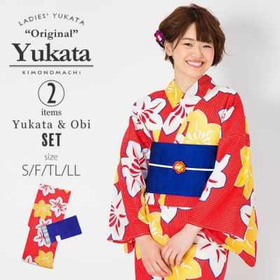 【Prices down】KIMONOMACHI浴衣セット「赤色　鉄線」S,F（フリー）,TL,LL 綿浴衣 お仕立て上がり浴衣 京都きもの町オリジナル 【メール便不可】SS2312ykl10