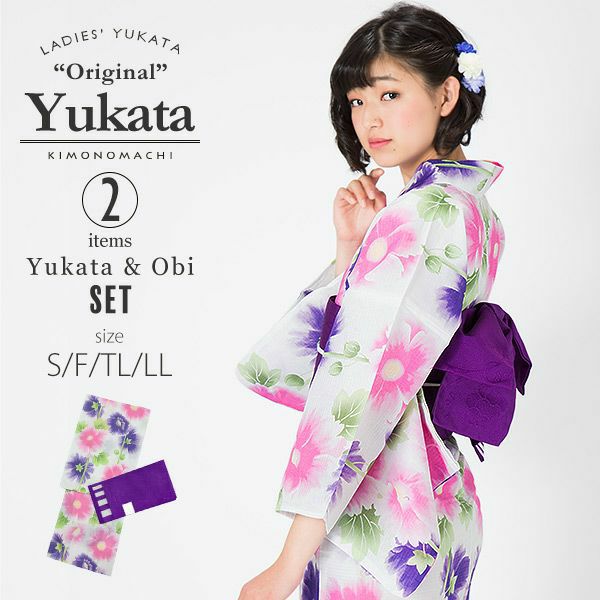 KIMONOMACHI浴衣セット「パープル　タチアオイ」S,F（フリー）,TL,LL 綿浴衣 お仕立て上がり浴衣 京都きもの町オリジナル 