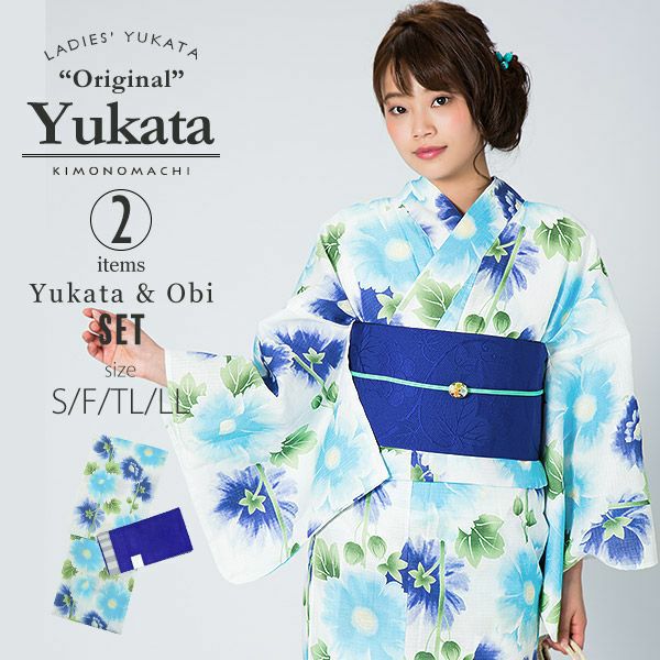 KIMONOMACHI浴衣セット「ブルー　タチアオイ」S,F（フリー）,TL,LL 綿浴衣 お仕立て上がり浴衣 京都きもの町オリジナル 