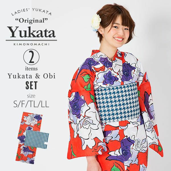 KIMONOMACHI浴衣セット「オレンジレッド　薔薇」S,F（フリー）,TL,LL 綿浴衣 お仕立て上がり浴衣 京都きもの町オリジナル 