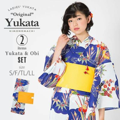 KIMONOMACHI浴衣セット「青色　紅型風雲に草花」S,F（フリー）,TL,LL 綿浴衣 お仕立て上がり浴衣 京都きもの町オリジナル 【メール便不可】ss2503ykt15