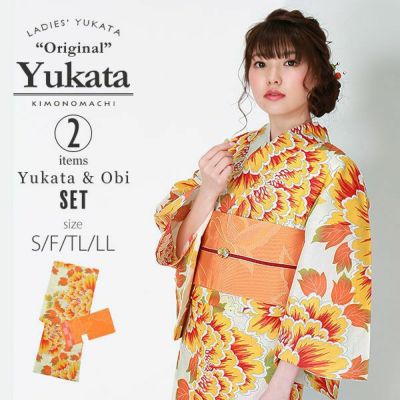 【Prices down】KIMONOMACHI浴衣セット「オレンジイエロー　大牡丹」S,F（フリー）,TL 綿浴衣 京都きもの町オリジナル 【メール便不可】SS2312ykl15