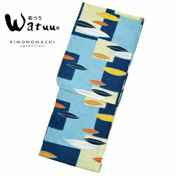 和つう浴衣単品「ブルー、クリーム　スクエアにリーフ」ブランド浴衣単品 女性浴衣単品 Watuu 大人浴衣単品 浴衣単品 W1804