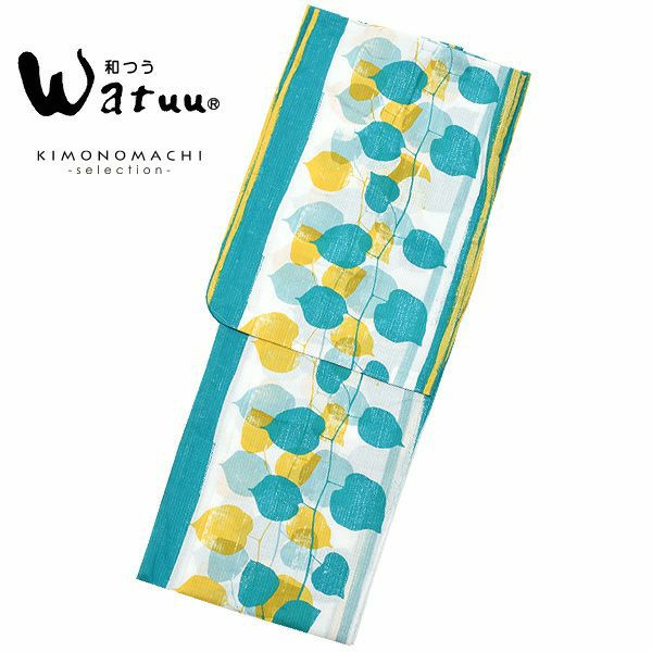 和つう浴衣単品「ターコイズグリーン　縞にリーフ」ブランド浴衣単品 女性浴衣単品 Watuu 大人浴衣単品 浴衣単品 W1806