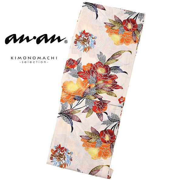 anan浴衣単品「赤オレンジ　型染め風牡丹」ブランド浴衣単品 女性浴衣単品 アンアン 大人浴衣単品 浴衣単品 a1801