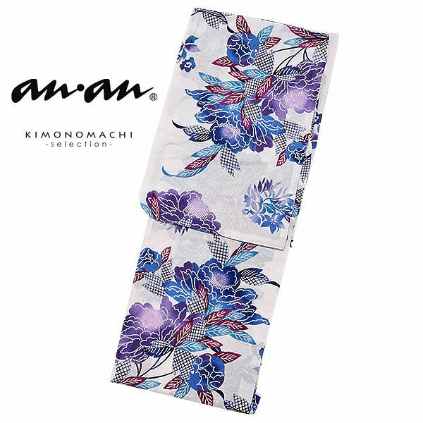 anan浴衣単品「ブルー　型染め風牡丹」ブランド浴衣単品 女性浴衣単品 アンアン 大人浴衣単品 浴衣単品 a1802