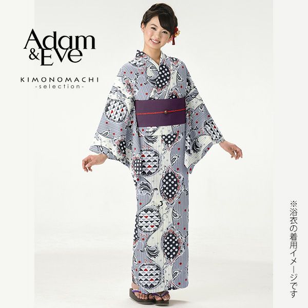 Adam＆Eve浴衣単品「グレー ゆらぎ縞に水玉」ブランド浴衣単品 女性