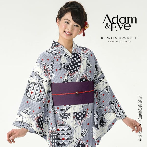 Adam＆Eve浴衣単品「グレー　ゆらぎ縞に水玉」ブランド浴衣単品 女性浴衣単品 アダムアンドイヴ 大人浴衣単品 浴衣単品  E1804【メール便不可】ss2403ykl30