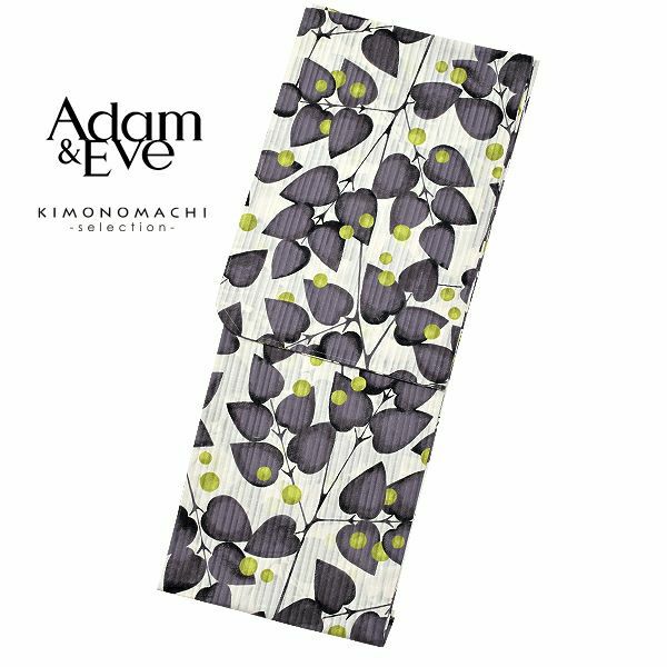 Adam＆Eve浴衣単品「黒グレー　葉っぱと水玉」ブランド浴衣単品 女性浴衣単品 アダムアンドイヴ 大人浴衣単品 浴衣単品 E1805
