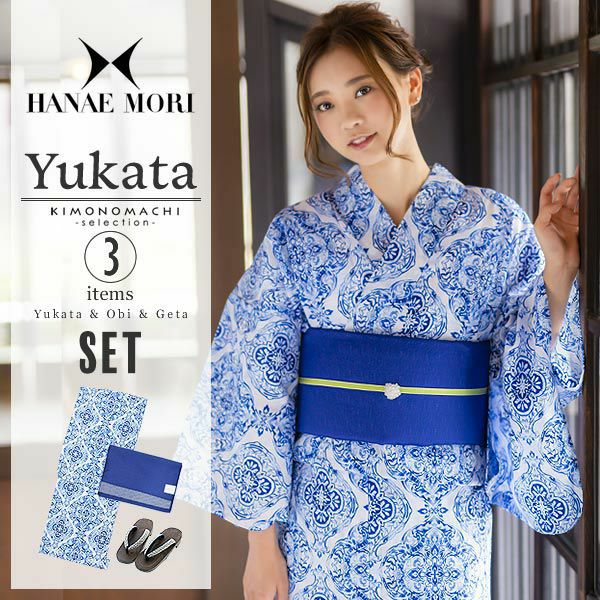 HANAE MORI浴衣セット「白色　更紗」ブランド浴衣セット 女性浴衣セット ハナエモリ 大人浴衣セット 浴衣セット