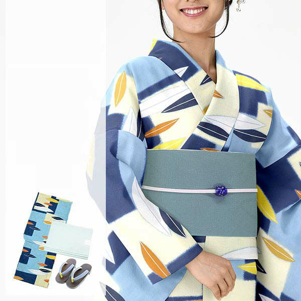 和つう浴衣セット「ブルー、クリーム　スクエアにリーフ」ブランド浴衣セット 女性浴衣セット Watuu 大人浴衣セット 浴衣セット