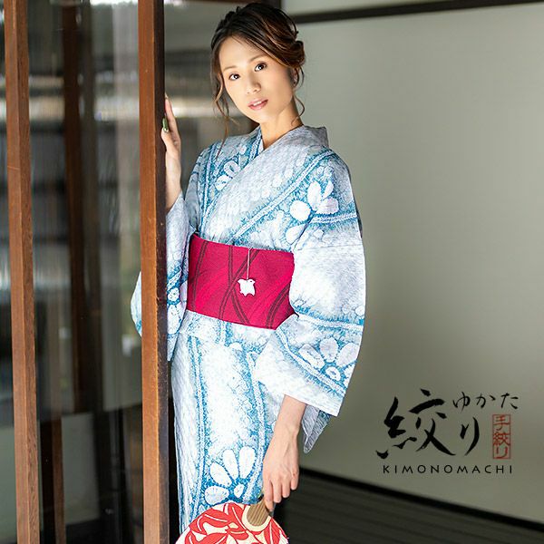 お仕立て上がり絞り浴衣単品「マリンブルー ゆらぎ縞に片端菊」有松絞り 女性浴衣 レディース 綿 お仕立て上がり浴衣