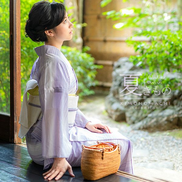 お仕立て上がり夏着物単品「パープル　横段」M、L 洗える着物 レディース プレタ着物 紗