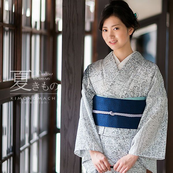 お仕立て上がり夏着物単品「白グレー　裂取り更紗」M、L 洗える着物 レディース プレタ着物 紗