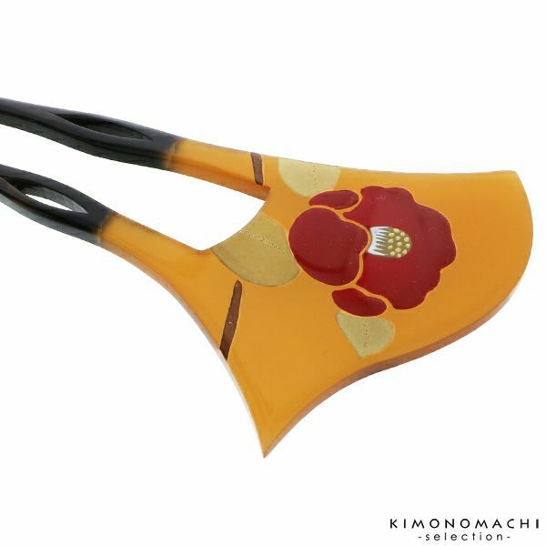 銀杏型かんざし「べっ甲調　椿」髪飾り バチ型 フォーマル 訪問着、留袖向け 蒔絵 E14-004　D　蒔絵かんざし波大