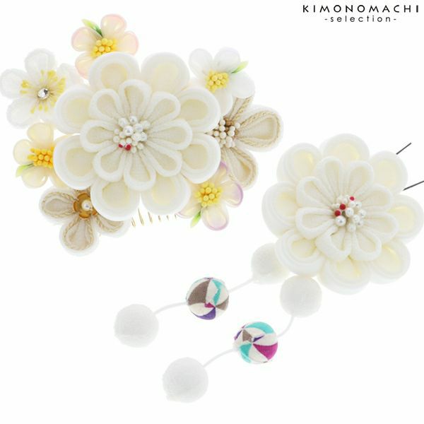 つまみ細工髪飾り2点セット「白色　つまみのお花、玉飾り」髪飾り 女の子の髪飾り つまみ細工髪飾り  七五三 No.30015
