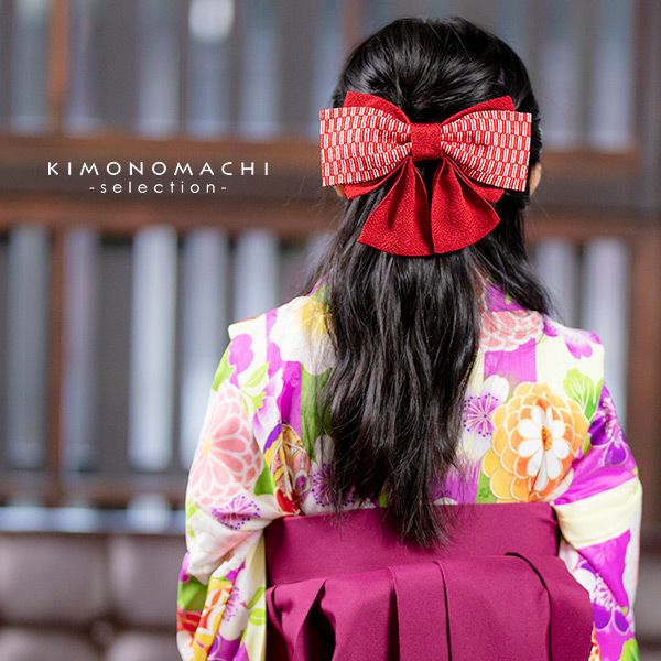 和装 髪飾り 赤白市松 紫房 ビッグリボン ピアス付き 和装 髪飾り 赤白市松 紫房 ビッグリボン ピアス付き 浴衣 髪飾り 成人