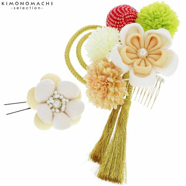 つまみ細工髪飾り2点セット「白色　つまみのお花、金色房飾り」髪飾り 成人式、結婚式 振袖髪飾り お花髪飾り 房飾り No.52195　白