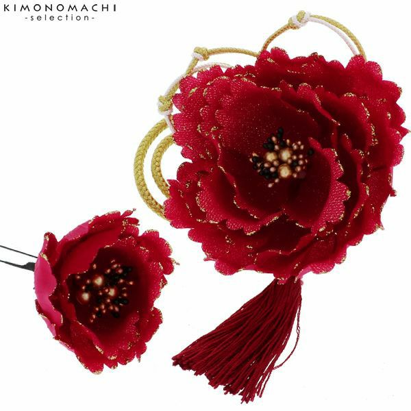 お花髪飾り2点セット 赤紅色 牡丹 髪飾り 成人式 結婚式 振袖髪飾り お花髪飾り 房飾り No 赤 H メール便不可 京都きもの町