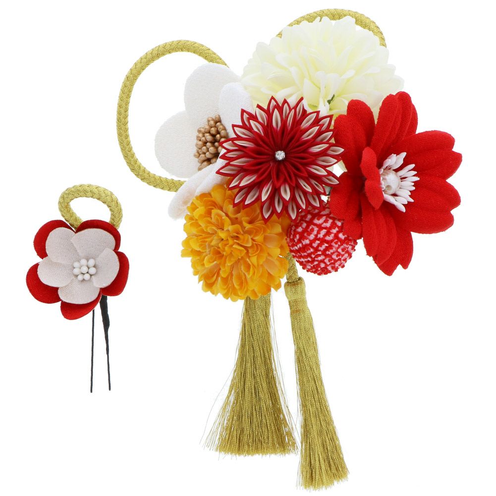 つまみ細工髪飾り2点セット「赤、白色　お花と剣つまみのお花、絞り玉」髪飾り 成人式、結婚式 振袖髪飾り お花髪飾り 絞り玉飾り No.51021　赤