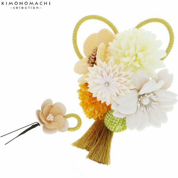 つまみ細工髪飾り2点セット「白、黄色　お花と剣つまみのお花、絞り玉」髪飾り 成人式、結婚式 振袖髪飾り お花髪飾り 絞り玉飾り No.51021　白