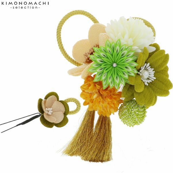 つまみ細工髪飾り2点セット「グリーン　お花と剣つまみのお花、絞り玉」髪飾り 成人式、結婚式 振袖髪飾り お花髪飾り 絞り玉飾り No.51021　グリーン