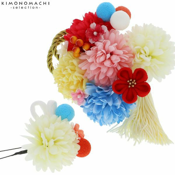 お花髪飾り2点セット「パステル　お花と玉、房飾り」髪飾り 成人式、結婚式 振袖髪飾り お花髪飾り 房飾り No.59812　ミックス