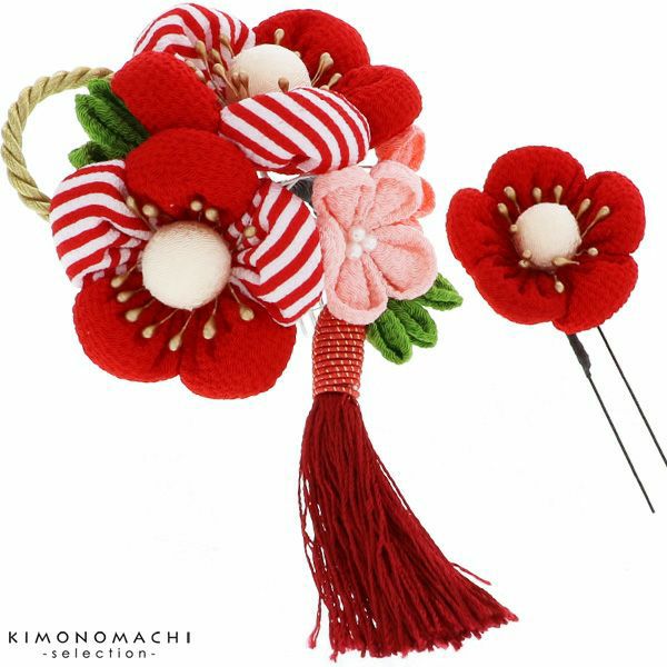 つまみ細工髪飾り2点セット「赤色　ふっくらつまみのお花」髪飾り 成人式、結婚式 振袖髪飾り お花髪飾り 房飾り No.52405　赤