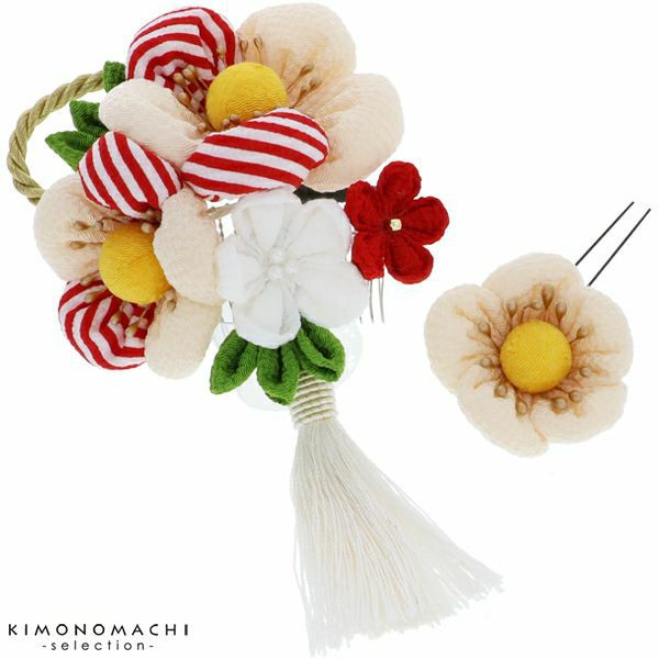 つまみ細工髪飾り2点セット「白色　ふっくらつまみのお花」髪飾り 成人式、結婚式 振袖髪飾り お花髪飾り 房飾り No.52405　白