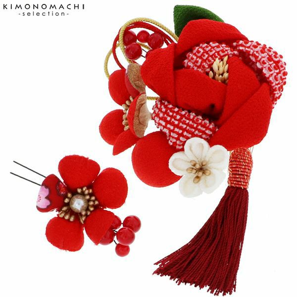 お花髪飾り2点セット 赤紅色 牡丹 髪飾り 成人式 結婚式 振袖髪飾り お花髪飾り 房飾り No 赤 H メール便不可 京都きもの町