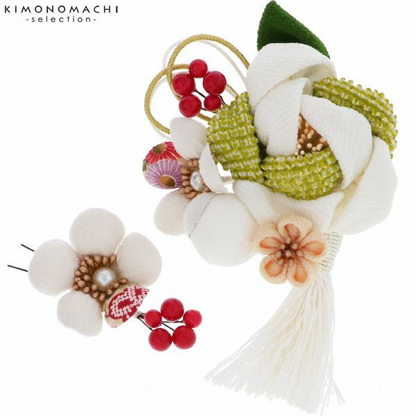 つまみ細工、お花髪飾り2点セット「白色　ふっくらつまみの椿」髪飾り 成人式、結婚式 振袖髪飾り お花髪飾り 房飾り No.52065　白