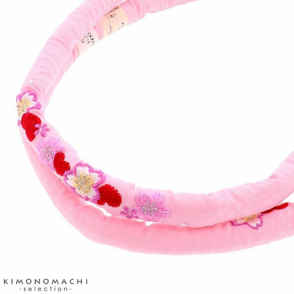 刺繍帯締め「ピンク色　桜の刺繍」七五三 丸ぐけ紐 子供 女の子 丸ぐけ