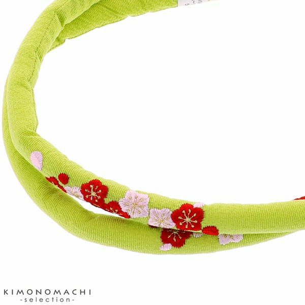 刺繍帯締め「抹茶色　梅の花刺繍」七五三 丸ぐけ紐 子供 女の子 丸ぐけ