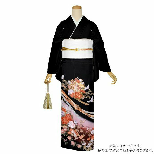 お仕立て上がり黒留袖単品「霞に蔓帯、御所車」紋入れ代込み 留袖 結婚式  正絹着物